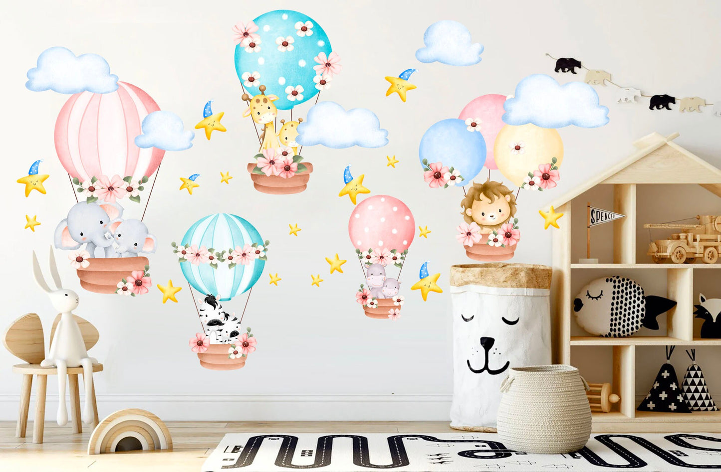 Baby Animals On Hot Air Balloon Removable Wall Decal - Elephant Giraffe Hippo Zebra - BR225