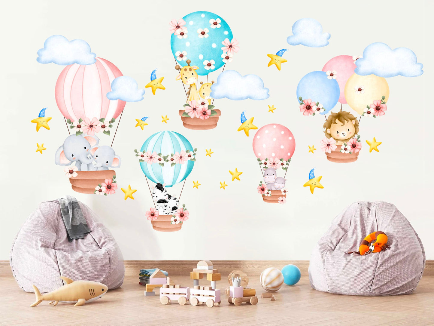 Baby Animals On Hot Air Balloon Removable Wall Decal - Elephant Giraffe Hippo Zebra - BR225