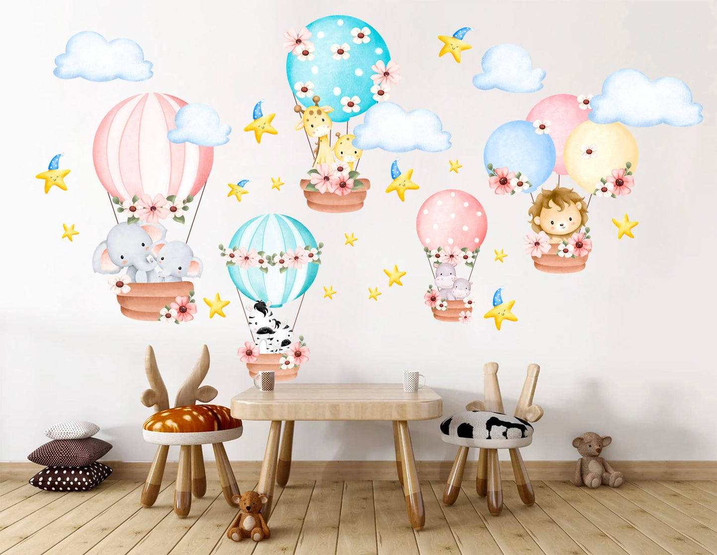 Baby Animals On Hot Air Balloon Removable Wall Decal - Elephant Giraffe Hippo Zebra - BR225