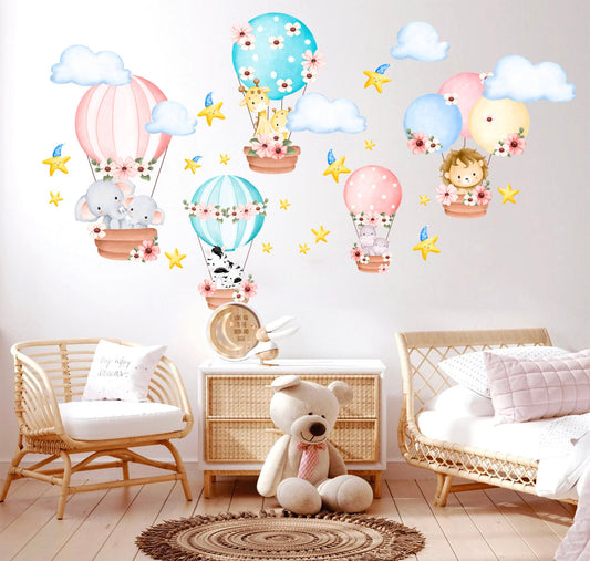 Baby Animals On Hot Air Balloon Removable Wall Decal - Elephant Giraffe Hippo Zebra - BR225
