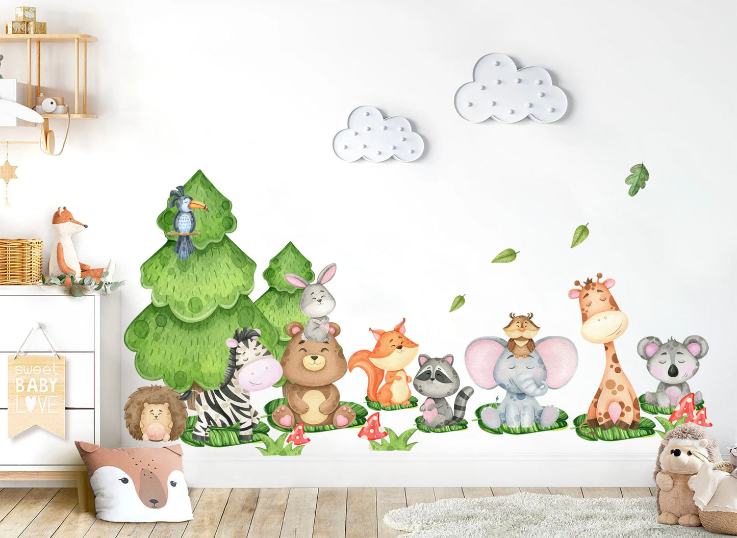 Forest Friends Baby Animals under Pine Wall Decal - Elephant Zebra Giraffe Racoon - BR234