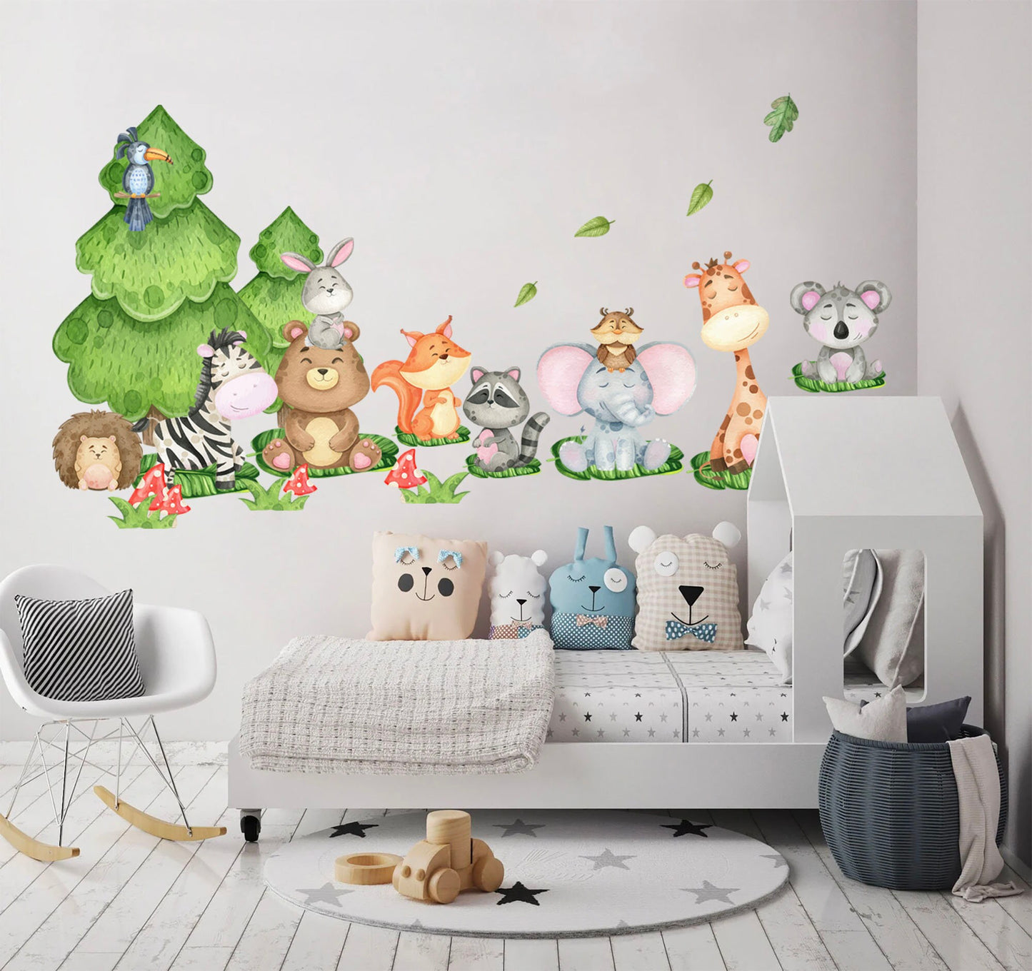 Forest Friends Baby Animals under Pine Wall Decal - Elephant Zebra Giraffe Racoon - BR234