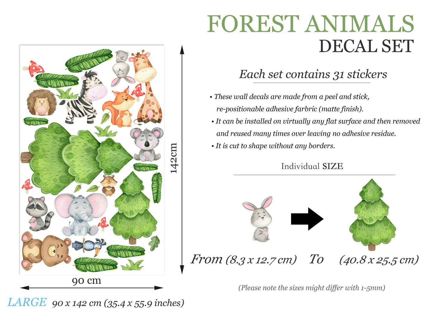 Forest Friends Baby Animals under Pine Wall Decal - Elephant Zebra Giraffe Racoon - BR234