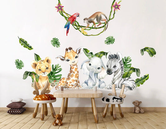 African Baby Animals Wall Decal - Giraffe, Elephant, Lion, Zebra, Monkey in Palm Leaves - BR241