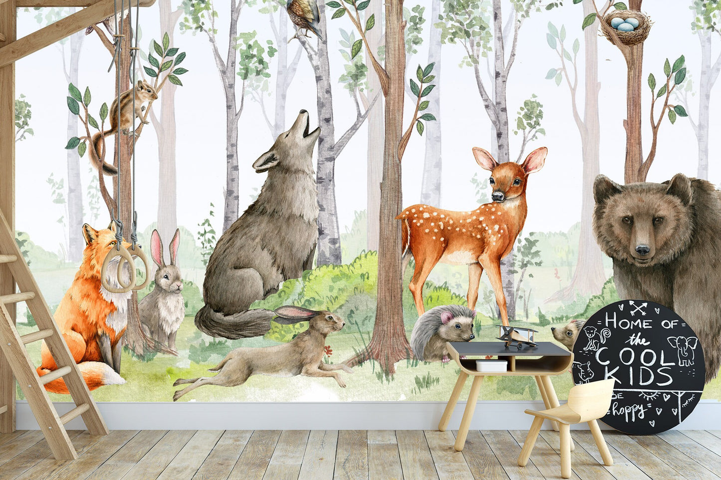 Woodland Animal Wall Murals - Watercolor Bear Wolf Fox Rabbit - Fabric Wallpaper - WM024
