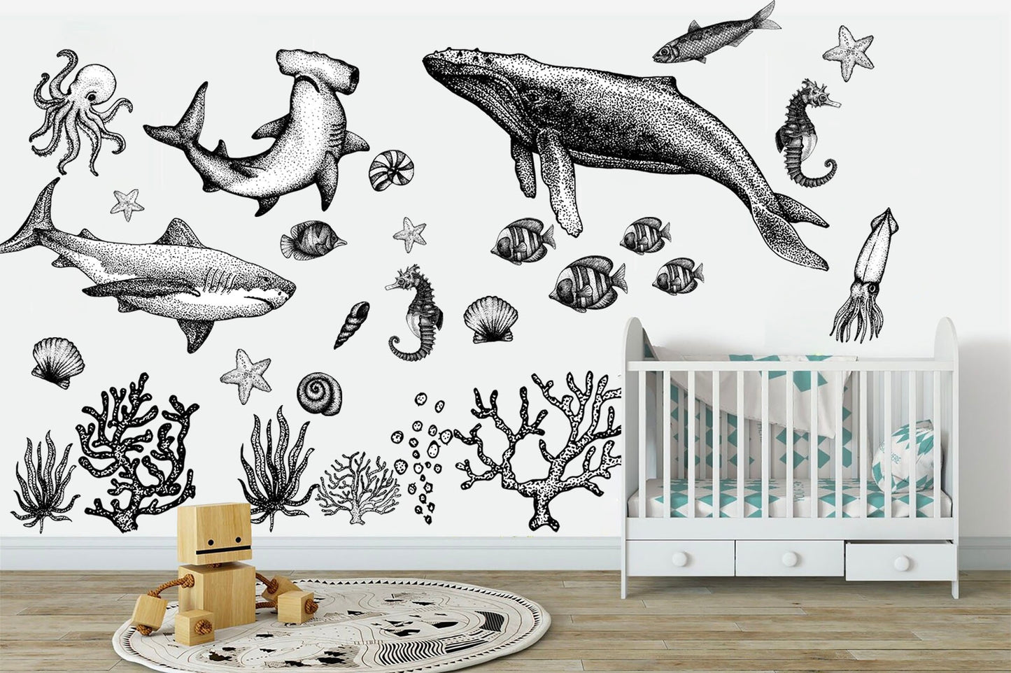 Whimsical Undersea Creatures Wall Decal - Shark Whale Octopus Seahorses Starfish Squid - Monochrome Style - BR248