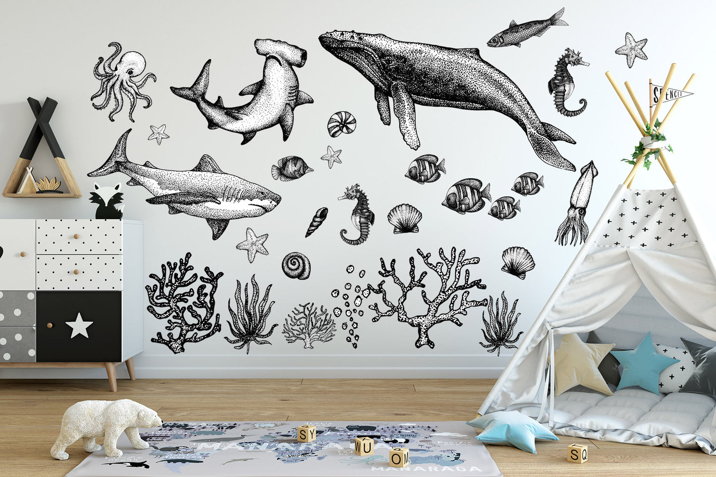 Whimsical Undersea Creatures Wall Decal - Shark Whale Octopus Seahorses Starfish Squid - Monochrome Style - BR248