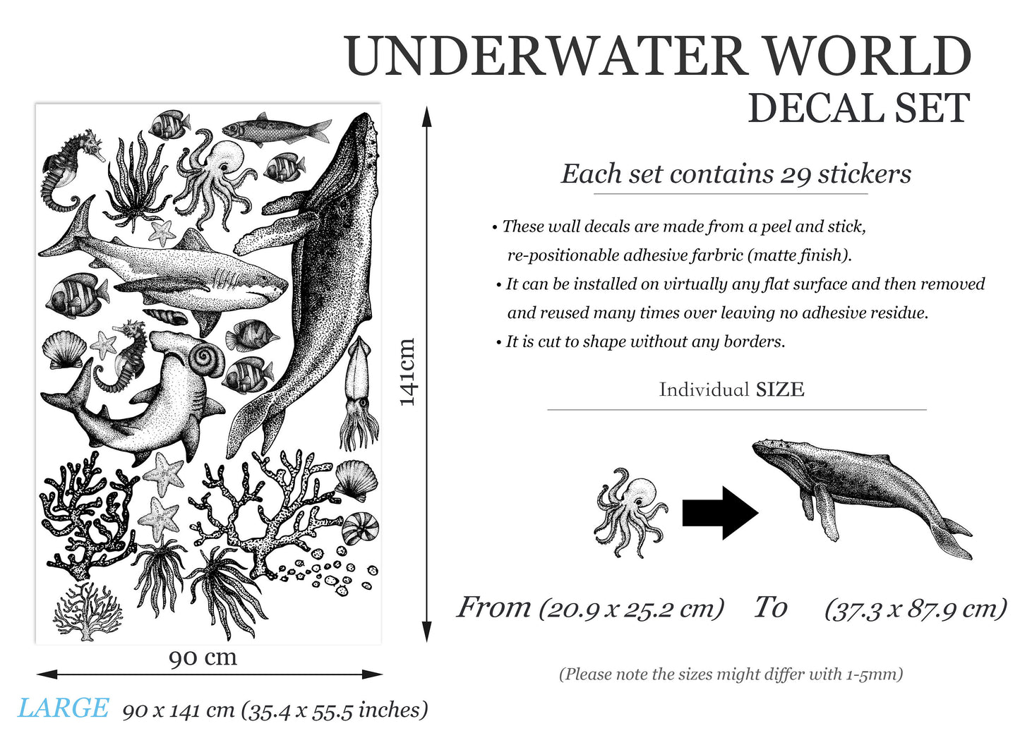 Whimsical Undersea Creatures Wall Decal - Shark Whale Octopus Seahorses Starfish Squid - Monochrome Style - BR248