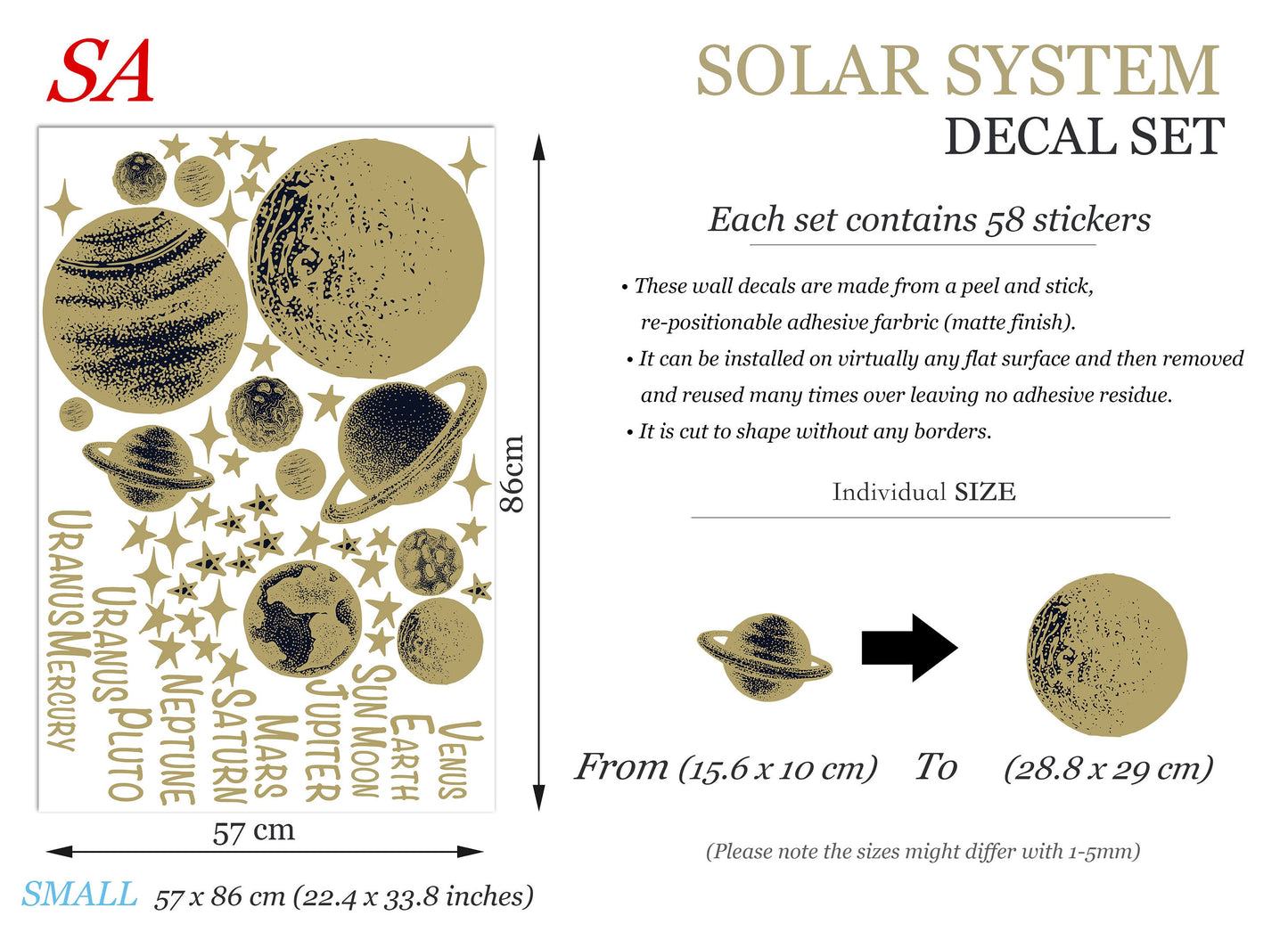 Golden Solar System Planets Space Jupiter Mars Earth Moon Remove Wall Decals - BR251