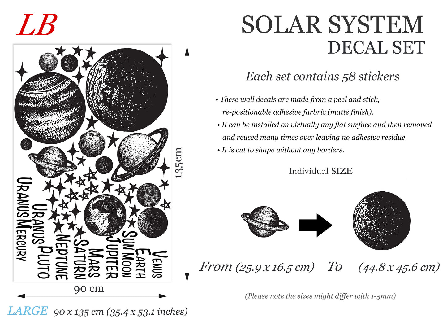 Golden Solar System Planets Space Jupiter Mars Earth Moon Remove Wall Decals - BR251