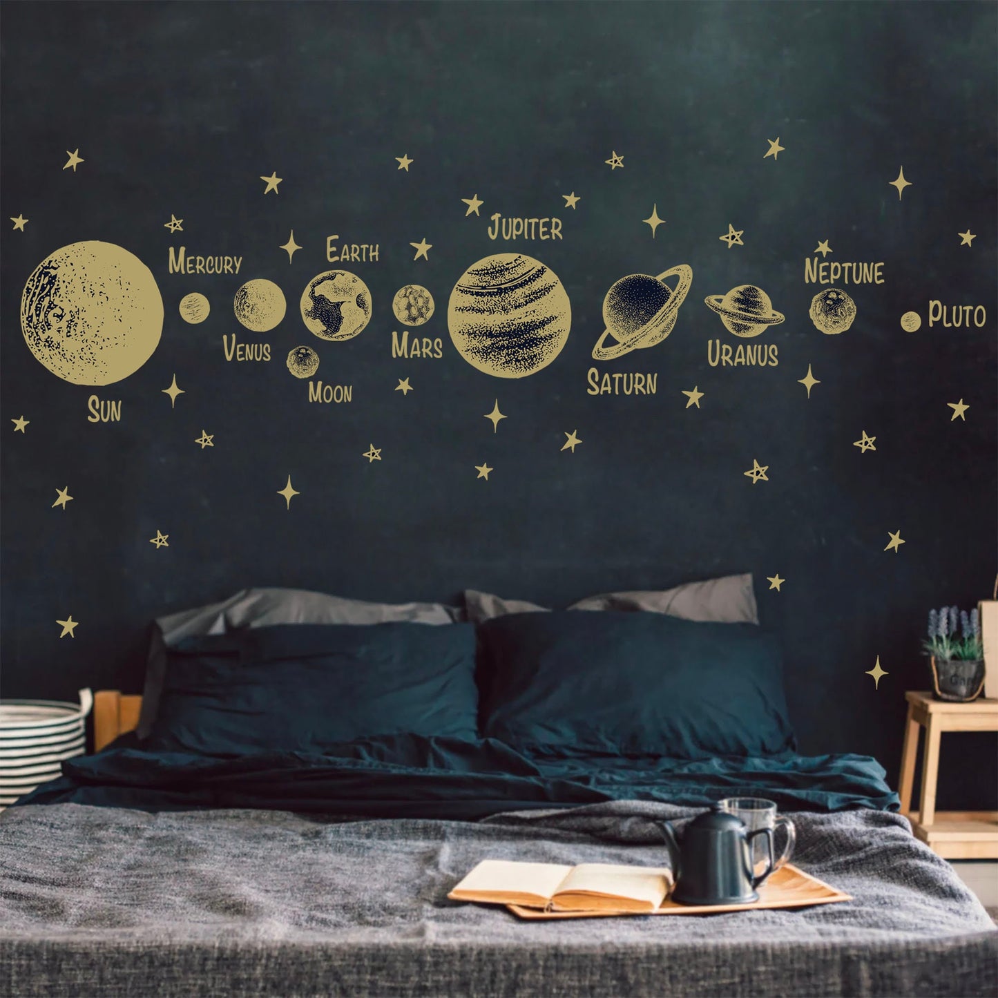 Golden Solar System Planets Space Jupiter Mars Earth Moon Remove Wall Decals - BR251