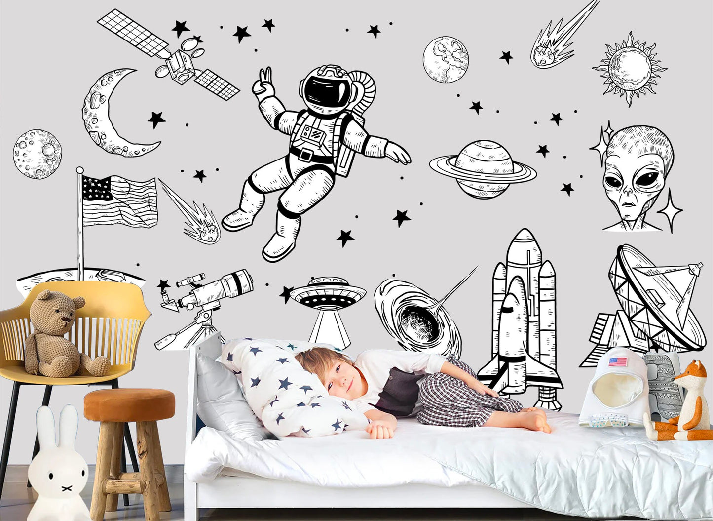 Monochrome Space Astronaut Solar System Rocket Planet Earth Black and White Wall Decal - BR231