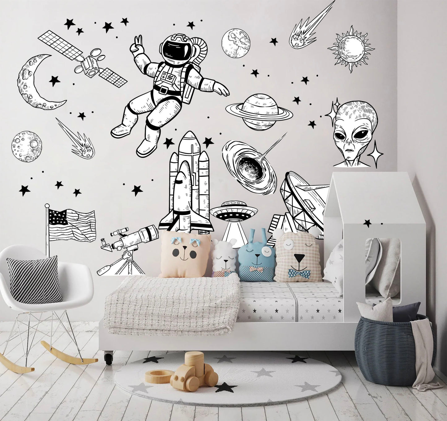Monochrome Space Astronaut Solar System Rocket Planet Earth Black and White Wall Decal - BR231