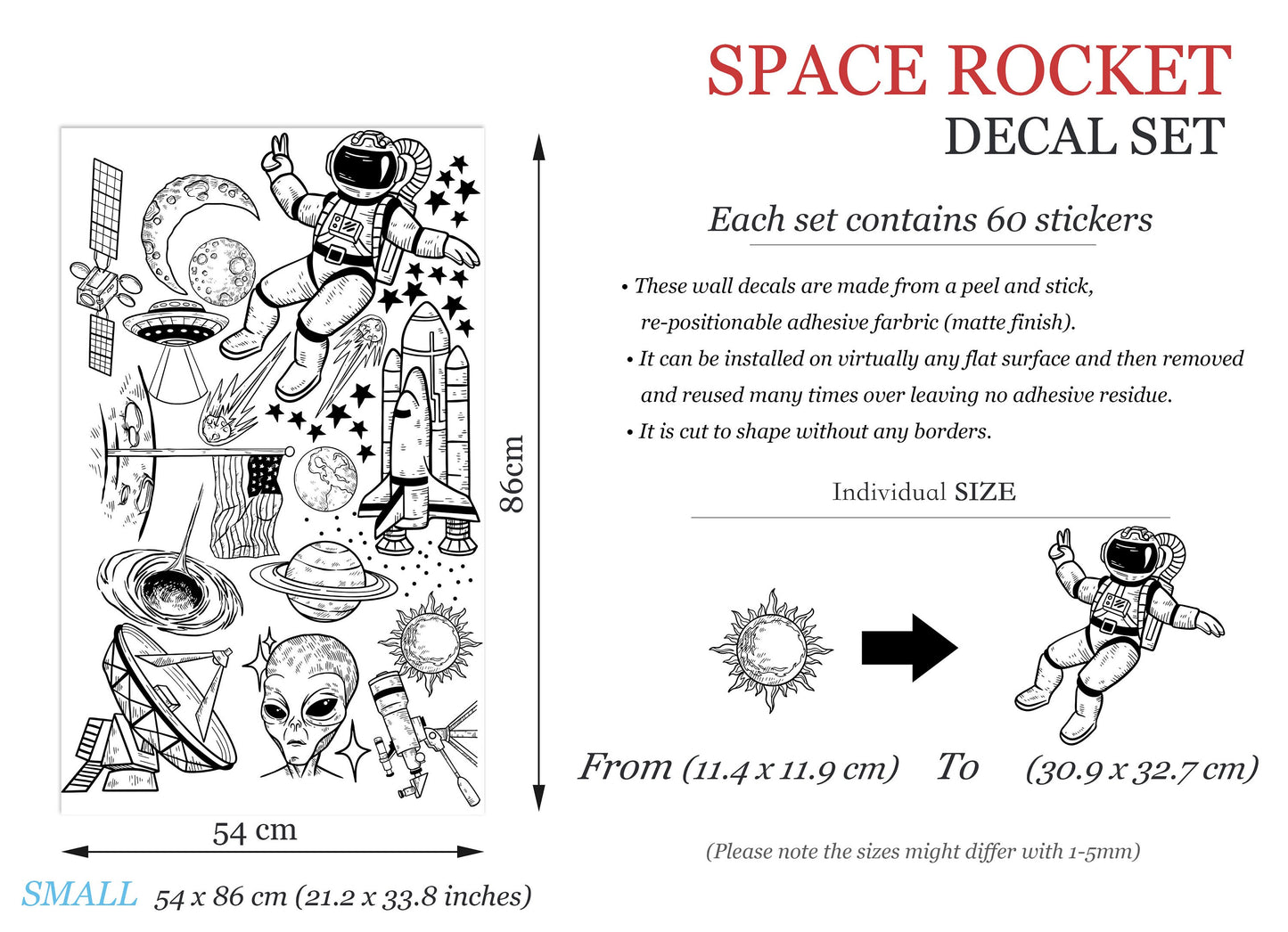 Monochrome Space Astronaut Solar System Rocket Planet Earth Black and White Wall Decal - BR231