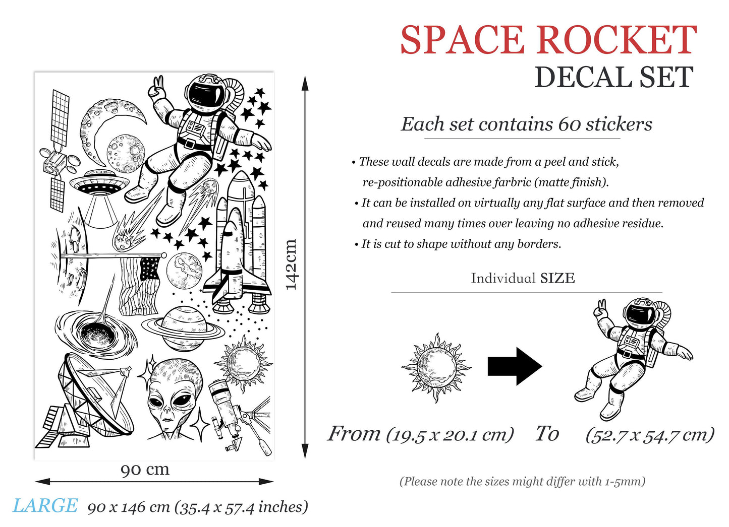 Monochrome Space Astronaut Solar System Rocket Planet Earth Black and White Wall Decal - BR231