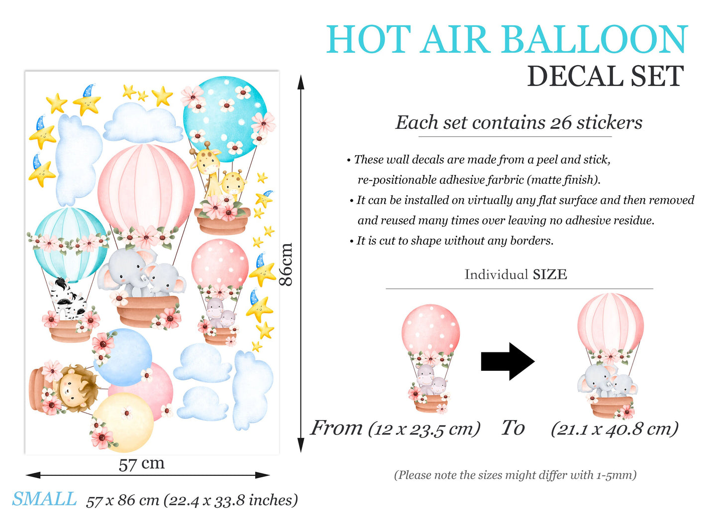 Baby Animals On Hot Air Balloon Removable Wall Decal - Elephant Giraffe Hippo Zebra - BR225