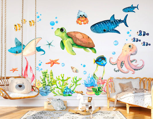 Ocean Playground Cartoon Wall Decal - Underwater Fun for Kids Room - Turtle Whale Octopus - BR253