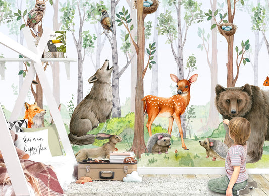 Woodland Animal Wall Murals - Watercolor Bear Wolf Fox Rabbit - Fabric Wallpaper - WM024