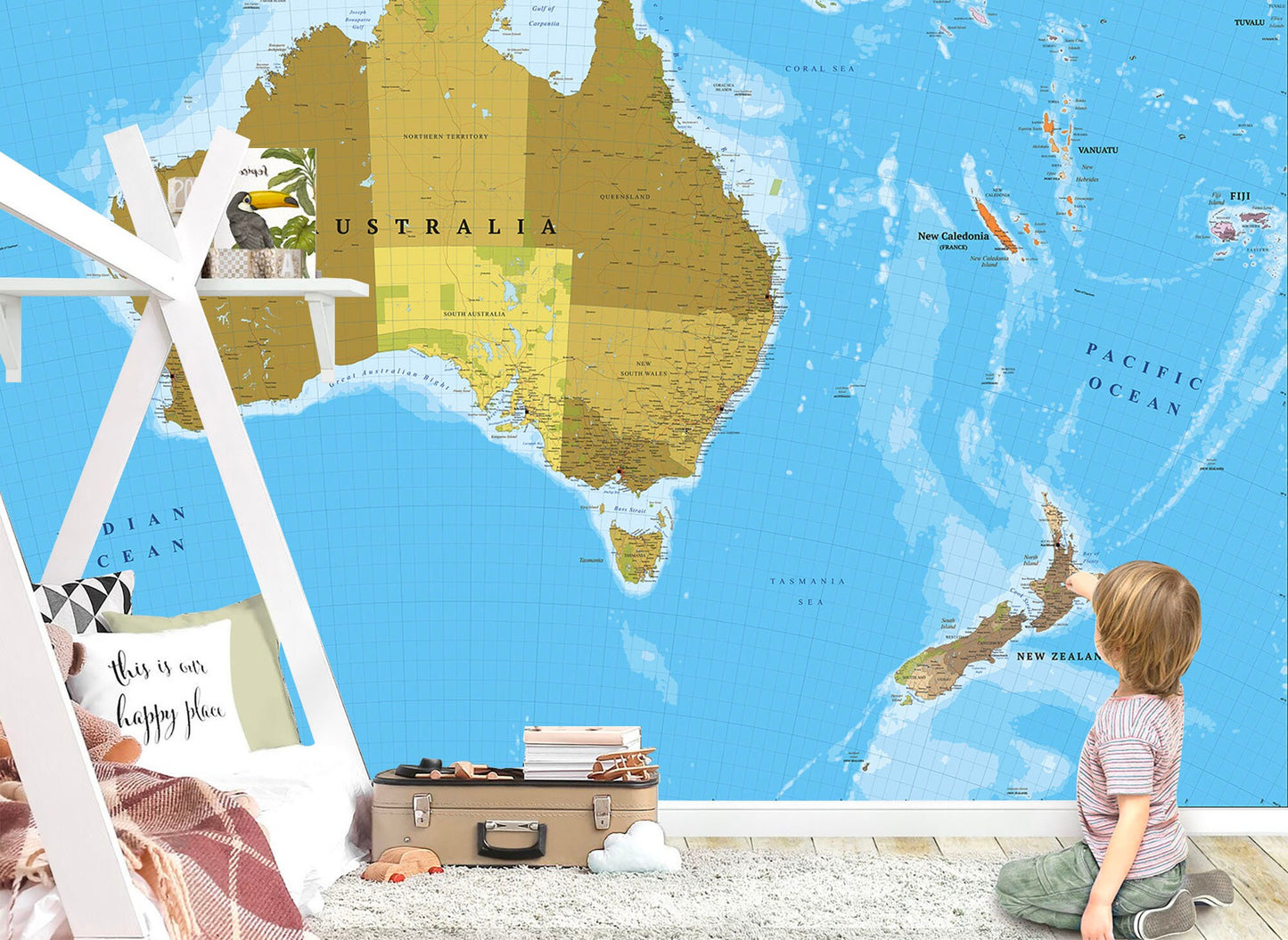 Detailed Australia New Zealand Map Wall Mural - Removable Fabric Wallpaper - WM025