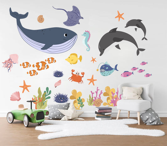 Whimsical Undersea World Wall Decal with Whale Dolphin and Seahors - BR249