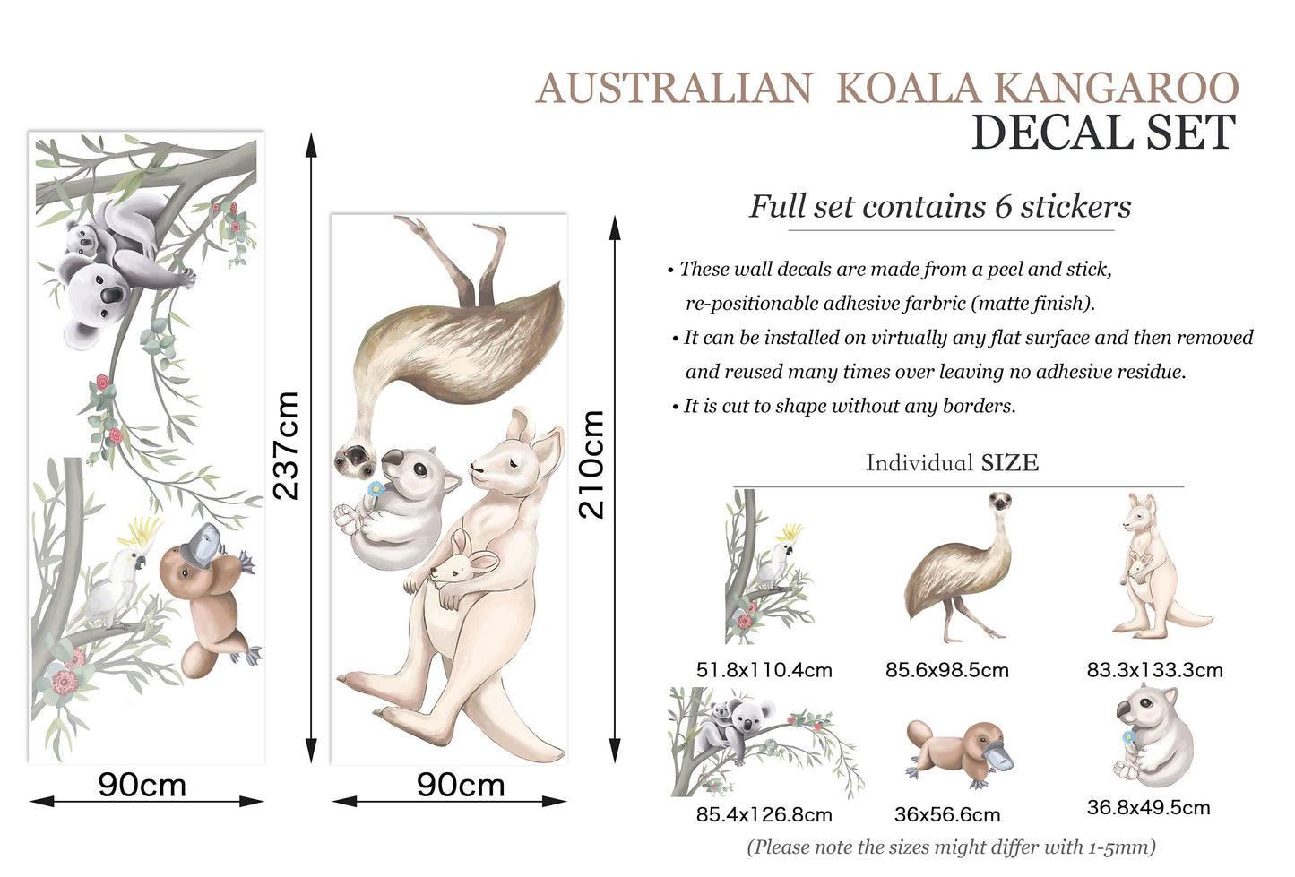 Hand painted Australian Wildlife Wall Decal Kangaroo Koala Cokatoo Wombat Platypus Emu - BR005