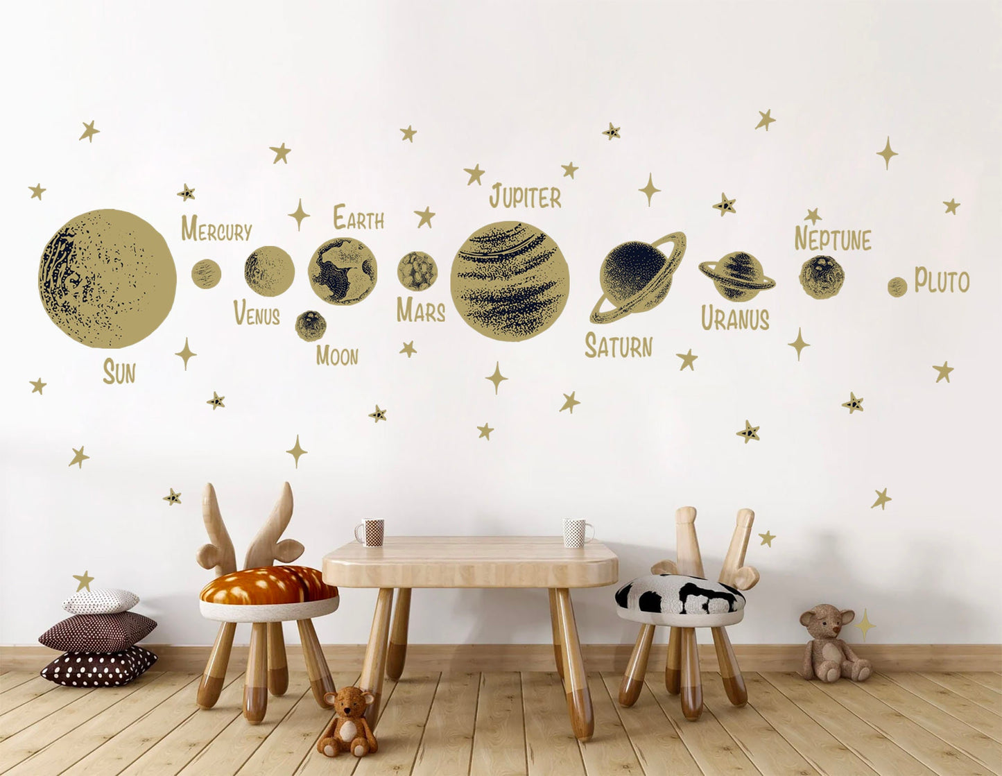 Golden Solar System Planets Space Jupiter Mars Earth Moon Remove Wall Decals - BR251