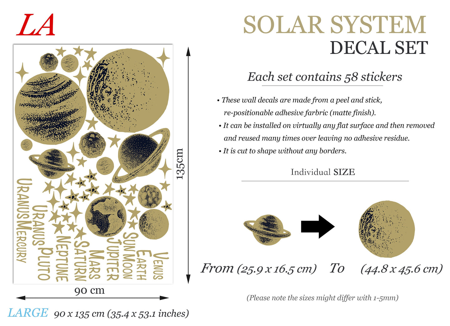 Golden Solar System Planets Space Jupiter Mars Earth Moon Remove Wall Decals - BR251