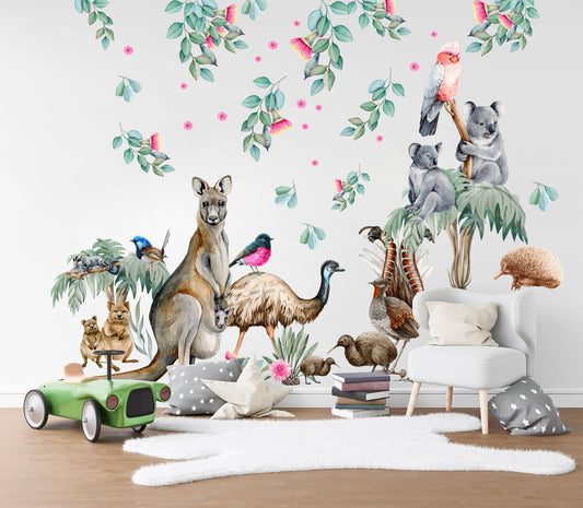 Aussie Animals and Flowers Kangaroo Koala Leaves Removable Wall Decal Peel and Stick - BR254