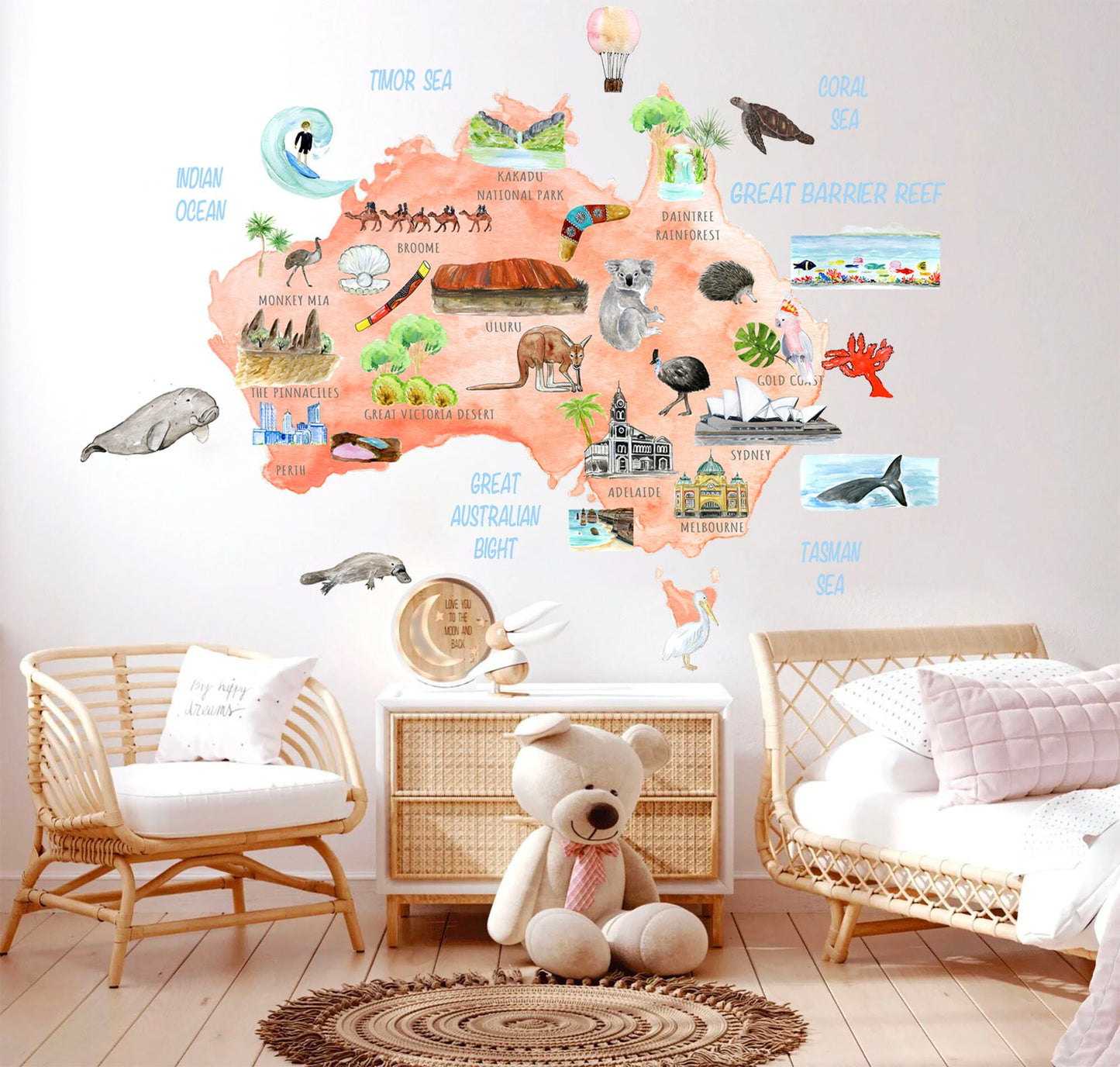 Australian Animals Plants Attraction Landmark Map Removable Wall Decal - BR240