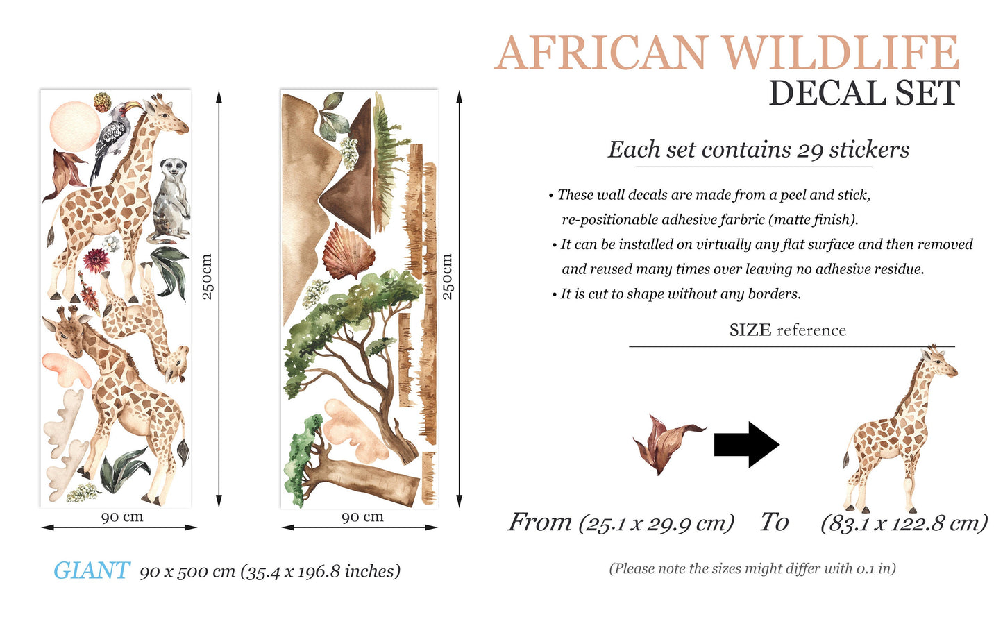 African Savannah Giraffe Family and Meerkat Wall Decal - Removable Peel and Stick - BR148