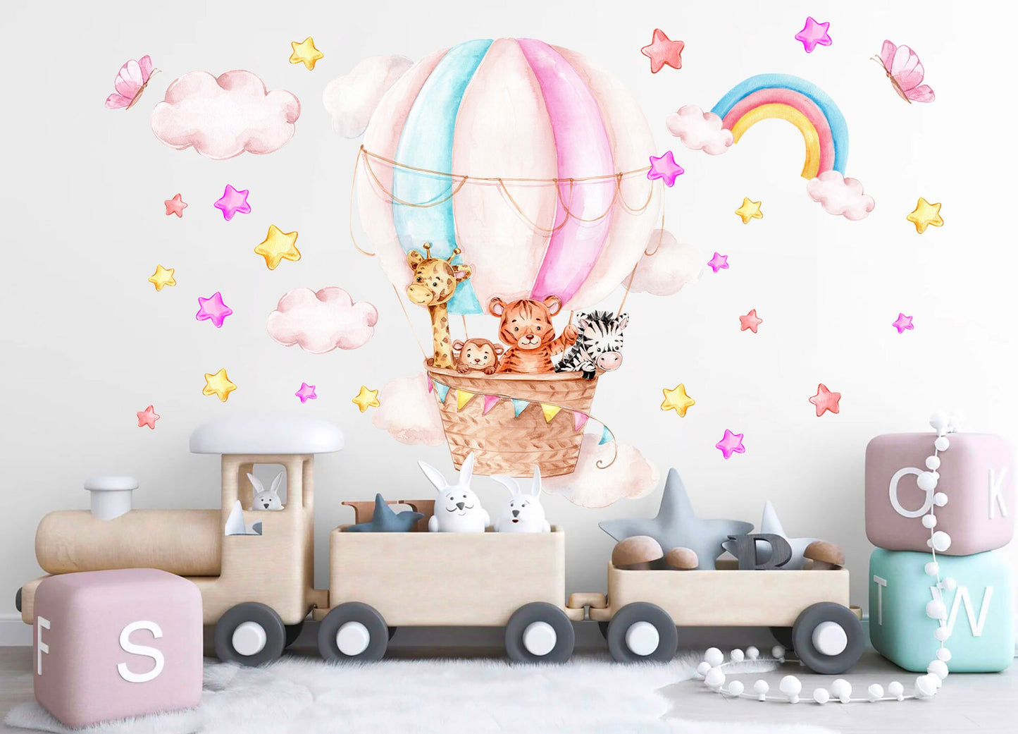 Baby Animals Soaring in Hot Air Balloons Through Rainbow Starry Sky Wall Decal - Giraffe Monkey Zebra Tiger - BR273