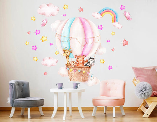 Baby Animals Soaring in Hot Air Balloons Through Rainbow Starry Sky Wall Decal - Giraffe Monkey Zebra Tiger - BR273
