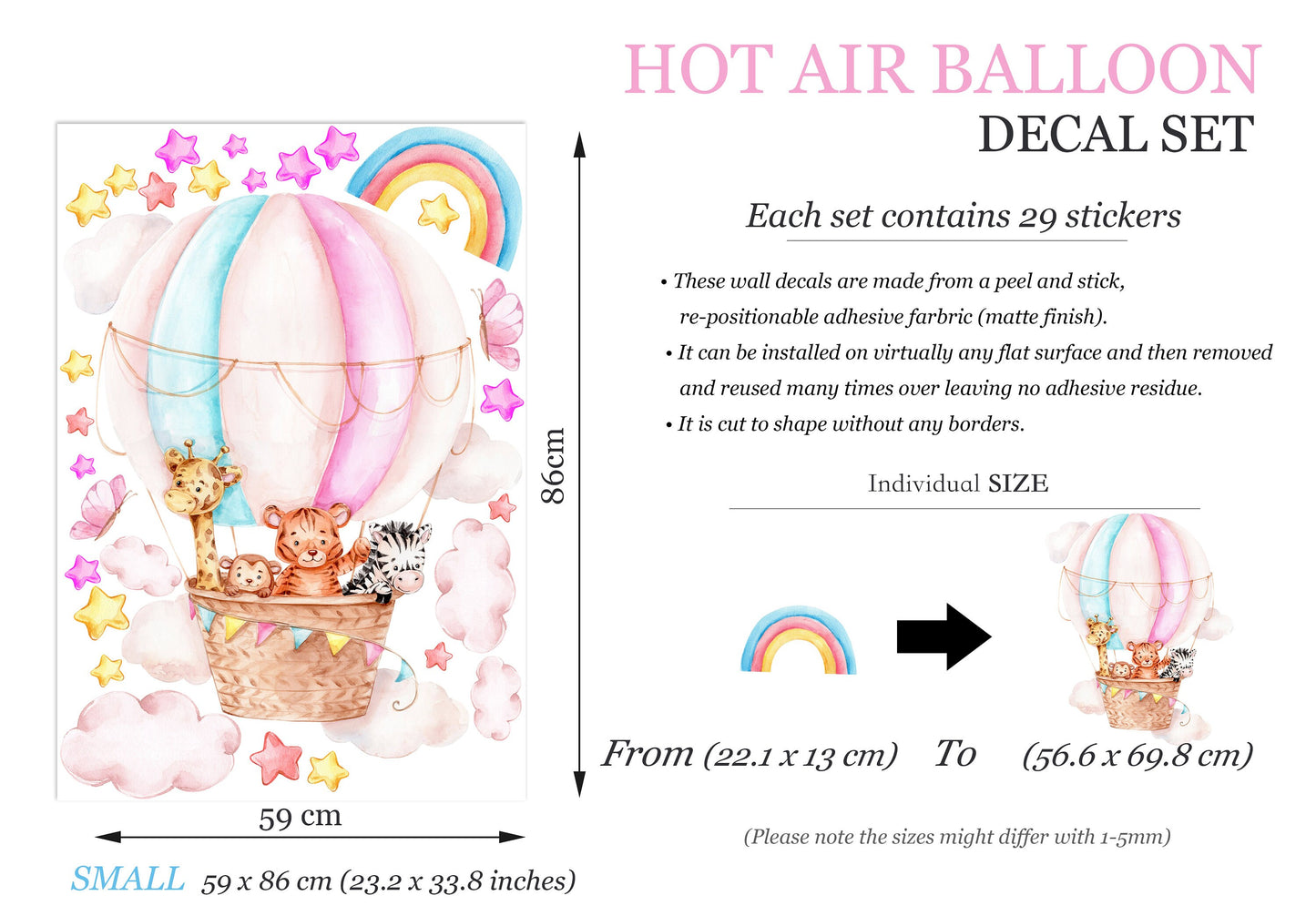 Baby Animals Soaring in Hot Air Balloons Through Rainbow Starry Sky Wall Decal - Giraffe Monkey Zebra Tiger - BR273