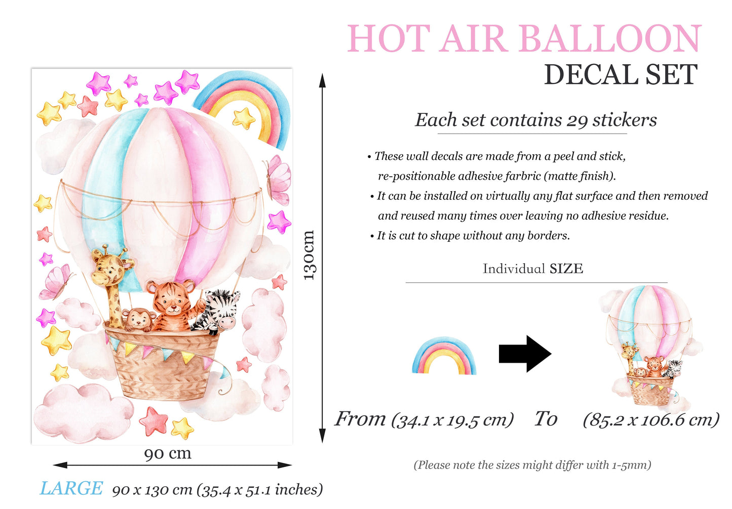 Baby Animals Soaring in Hot Air Balloons Through Rainbow Starry Sky Wall Decal - Giraffe Monkey Zebra Tiger - BR273