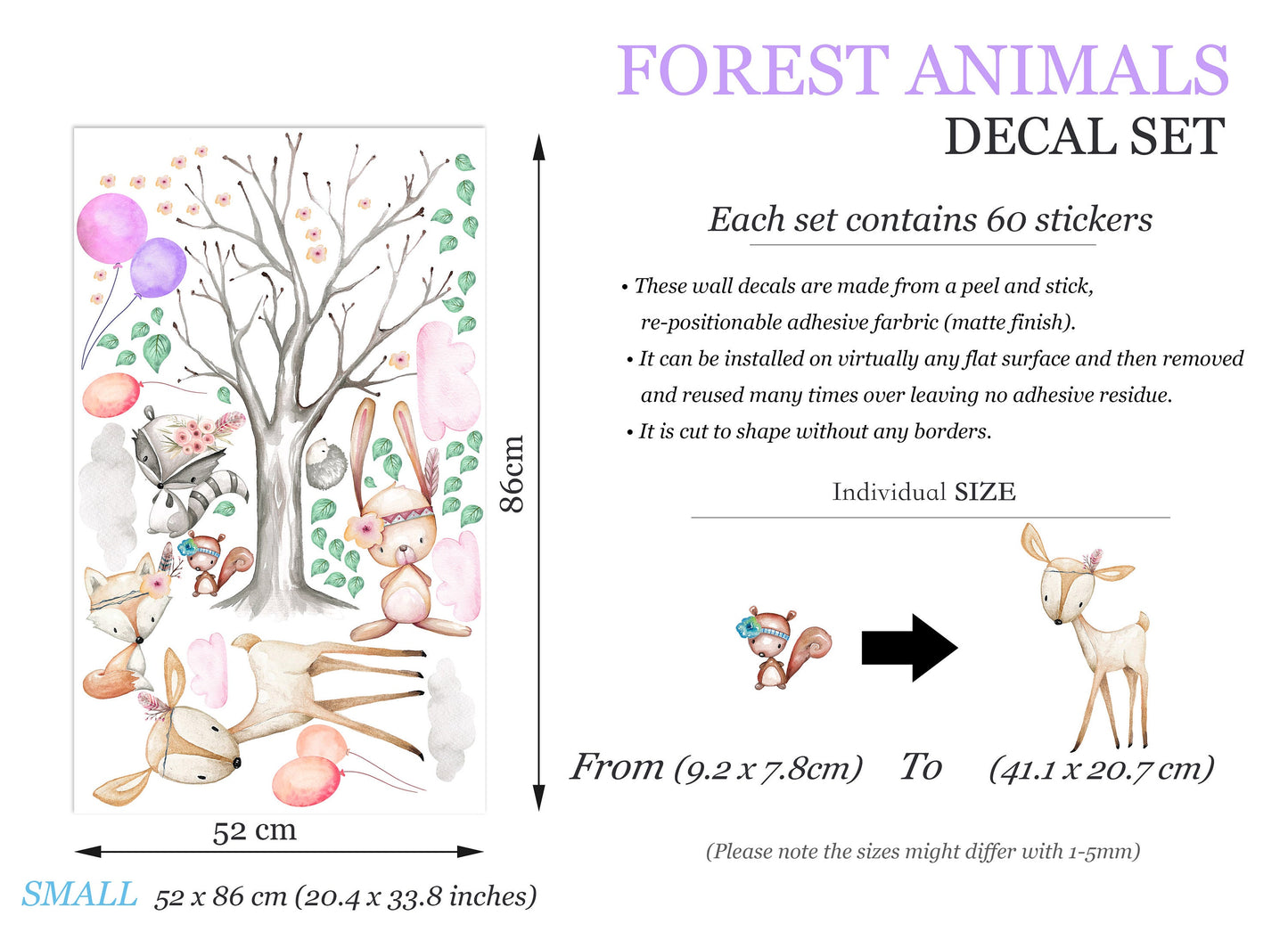 Bohemian Woodland Baby Animals Forest Wall Decal - Bunny Deer Fox Squirrel - BR270
