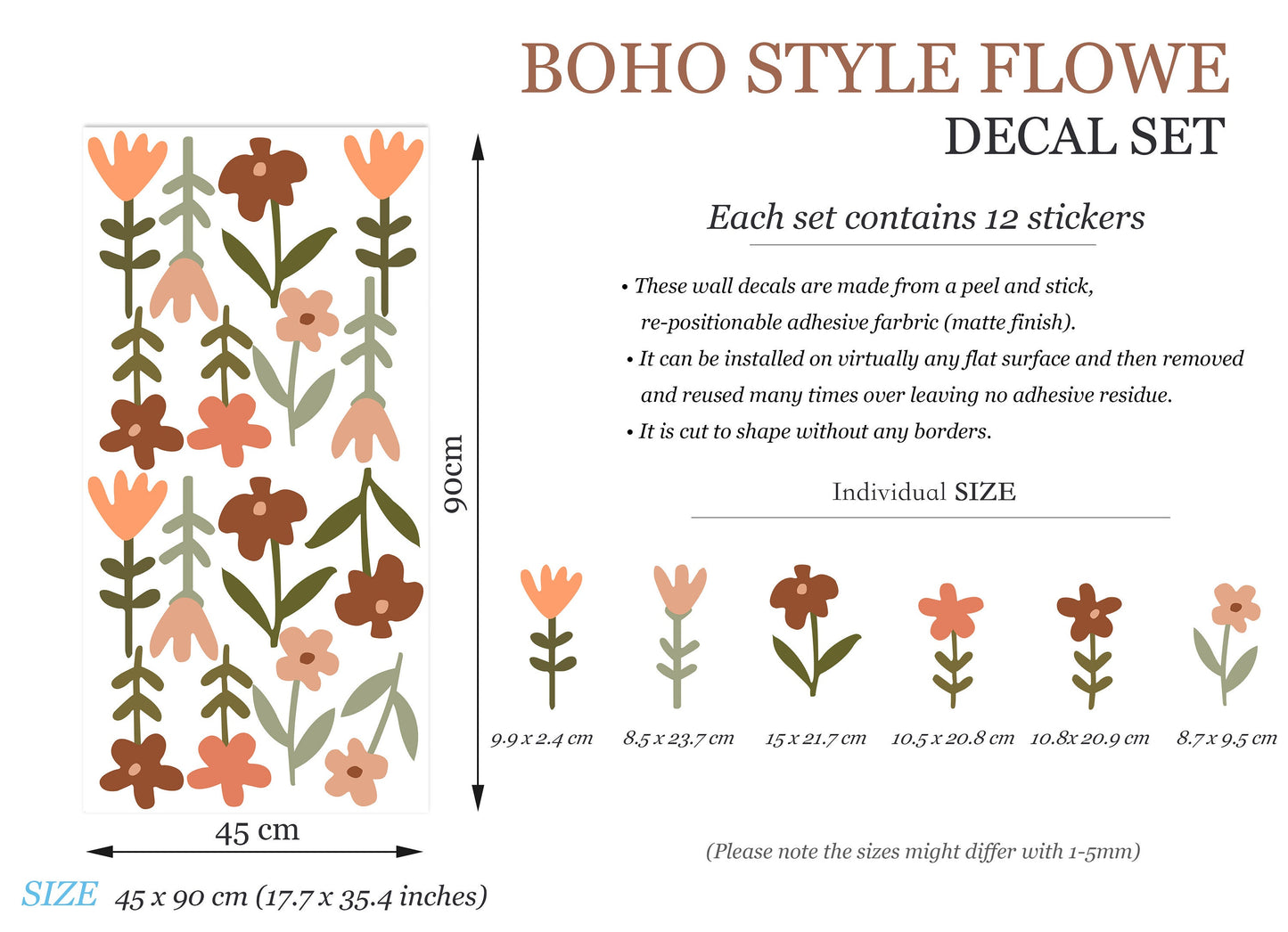 Boho Style Blooming Flowers Wall Decal Removable - BR282