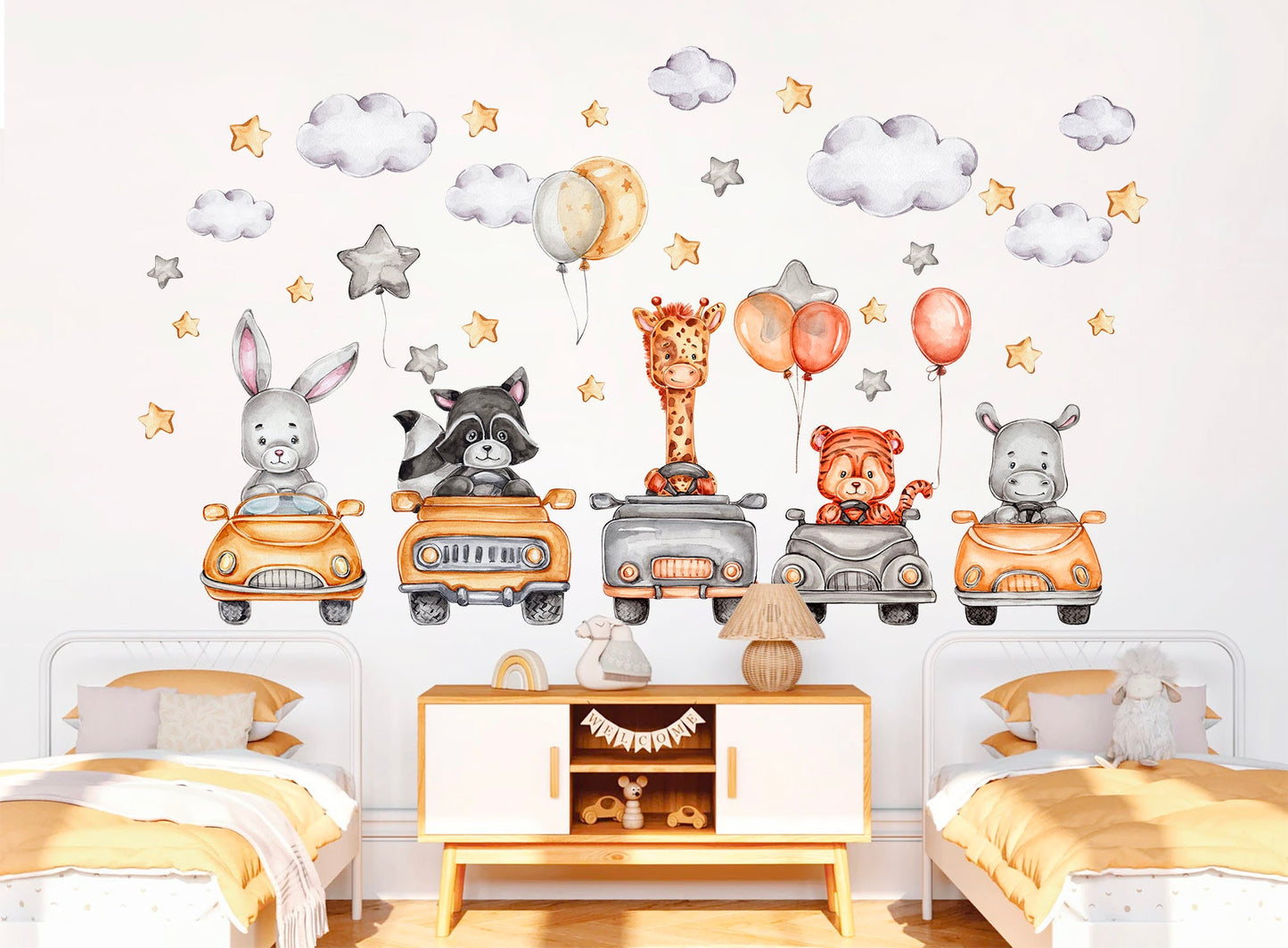 Animal Car Ride Wall Decal - Giraffe Rabbit Cow Tiger Raccoon - BR274