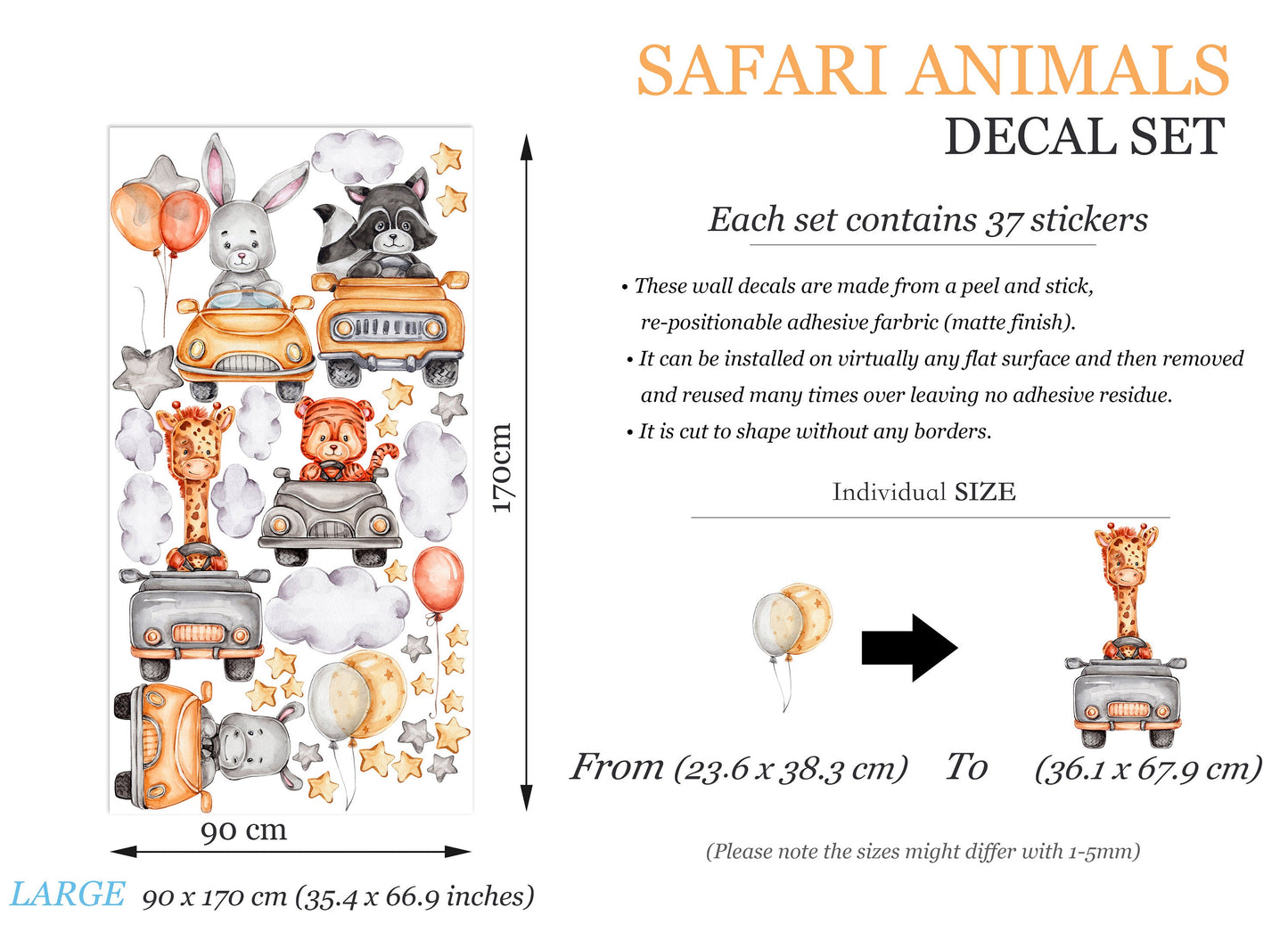 Animal Car Ride Wall Decal - Giraffe Rabbit Cow Tiger Raccoon - BR274