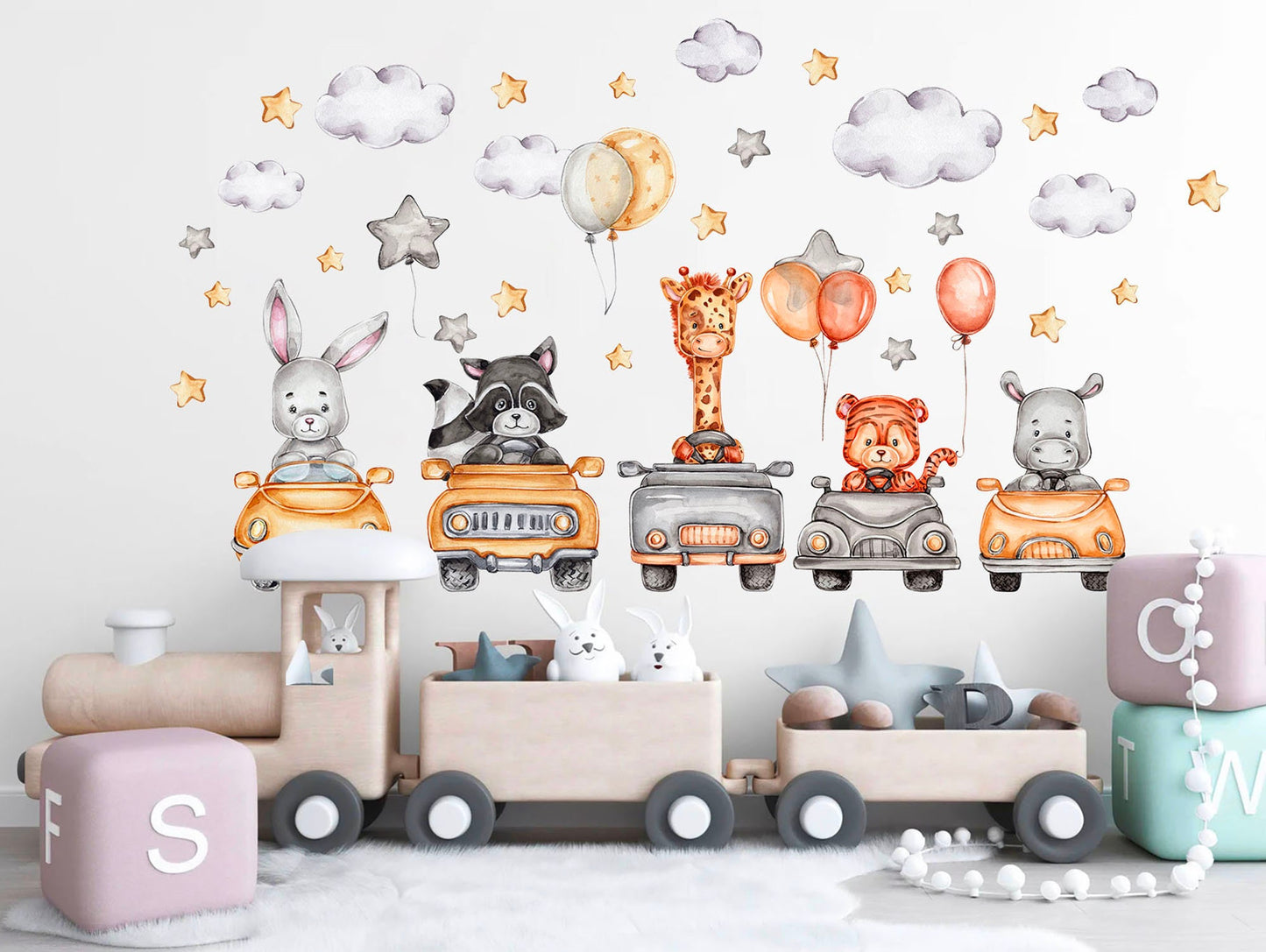 Animal Car Ride Wall Decal - Giraffe Rabbit Cow Tiger Raccoon - BR274