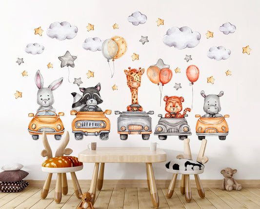 Animal Car Ride Wall Decal - Giraffe Rabbit Cow Tiger Raccoon - BR274