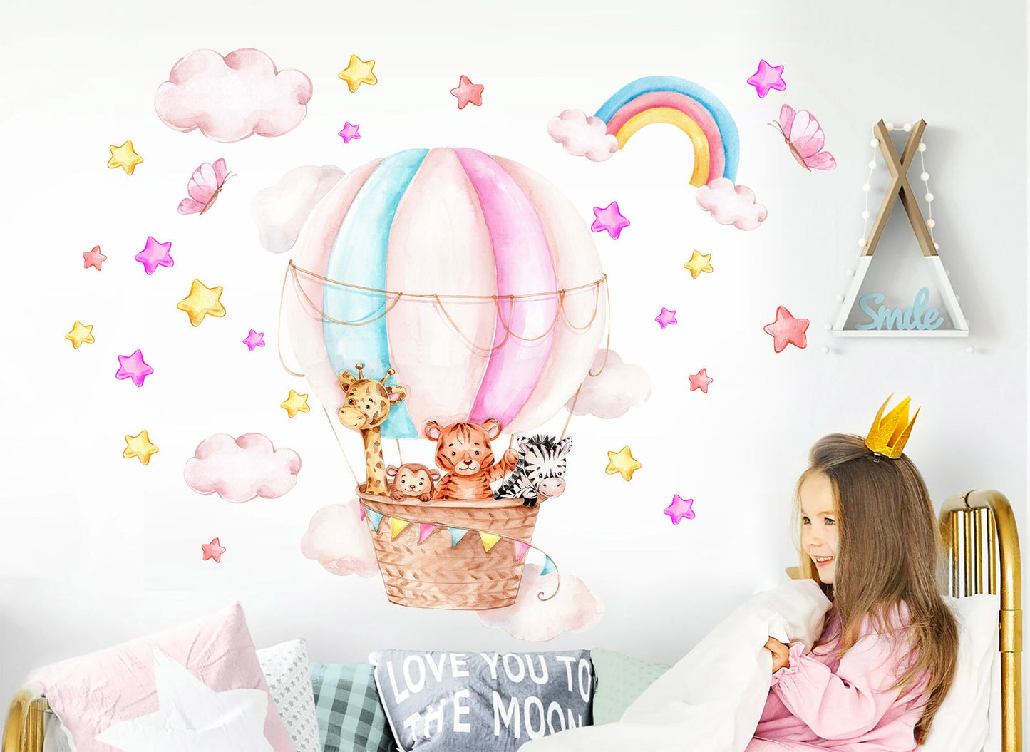 Baby Animals Soaring in Hot Air Balloons Through Rainbow Starry Sky Wall Decal - Giraffe Monkey Zebra Tiger - BR273