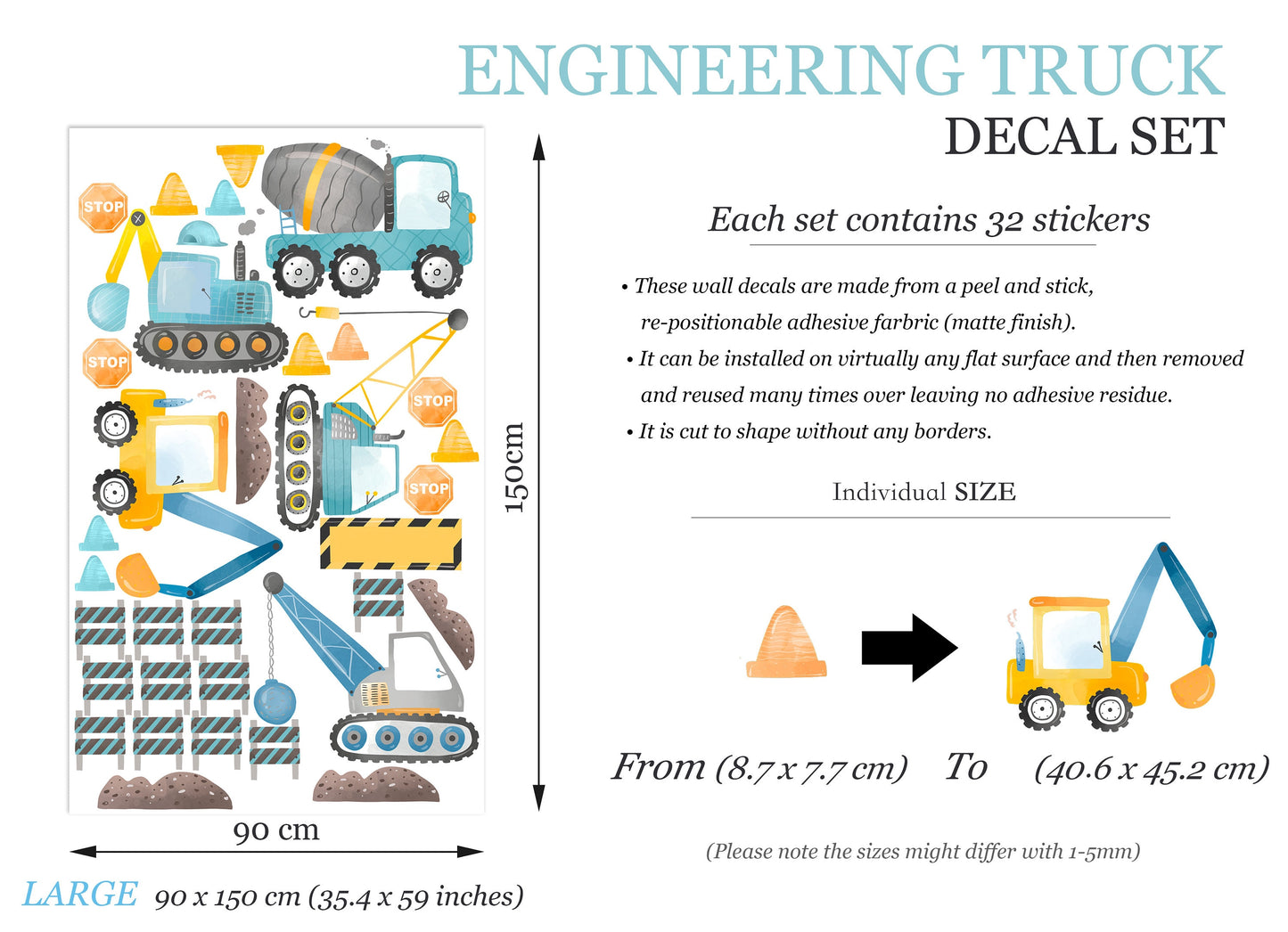 Construction Vehicles Crane Truck Mixer Digger Removable Wall Decal Boys Room Gift - BR289