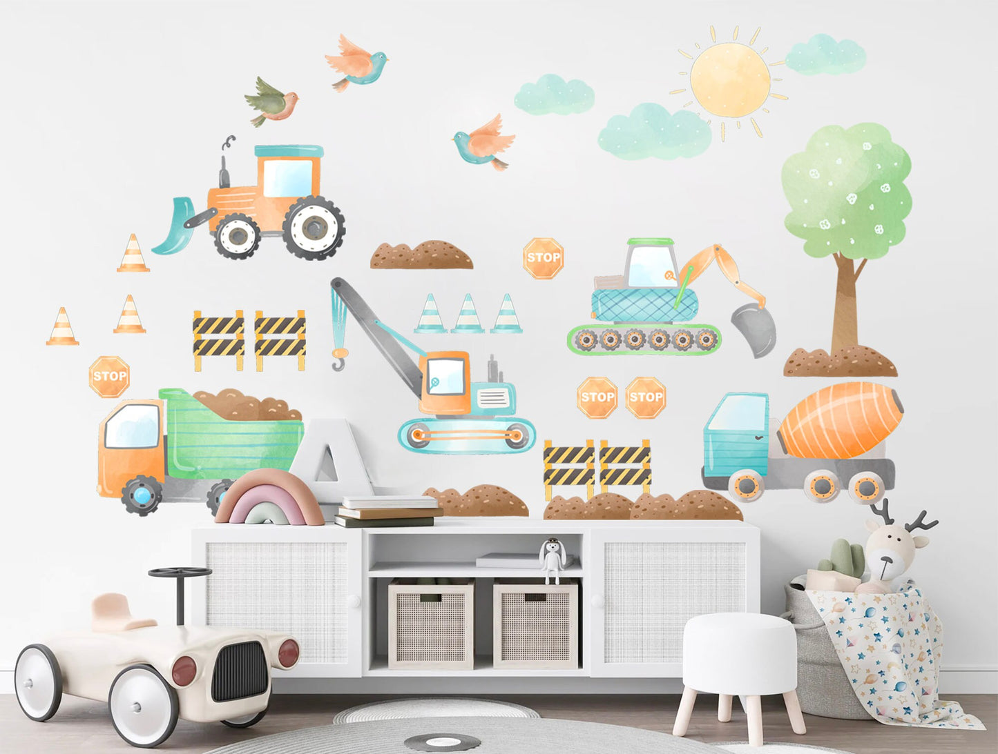 Vibrant Construction Trucks Mixer Bulldozer Digger Blue and Orange Removable Wall Decal - Boys Room Decor - BR291