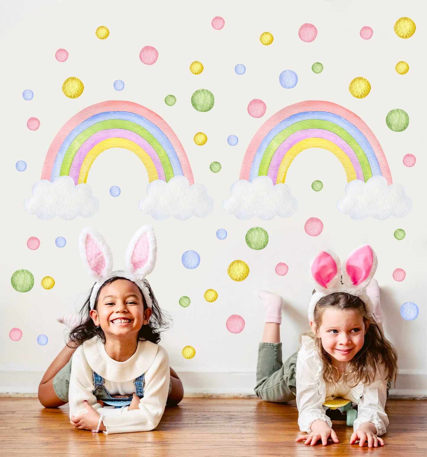 Pink Rainbow bubble dot Girl Bedroom Decal Wall - Repositionable Peel and Stick Fabric Wall Stickers - BR278