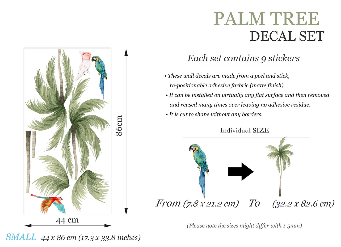 Tropical Coconut Trees with Parrots Wall Decal - Removable Peel and Stick - BR293