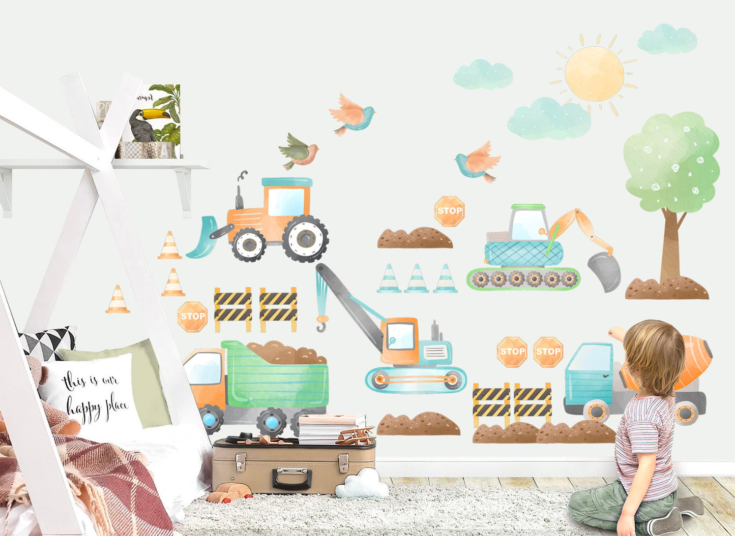 Vibrant Construction Trucks Mixer Bulldozer Digger Blue and Orange Removable Wall Decal - Boys Room Decor - BR291