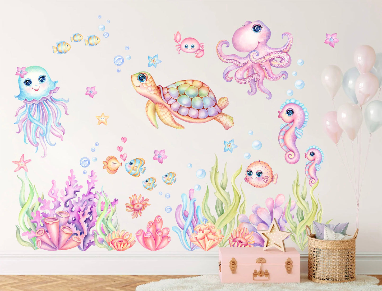 Pink and Blue Underwater World Cartoon Wall Decal - Happy Marine Life for Girls' Room - BR308