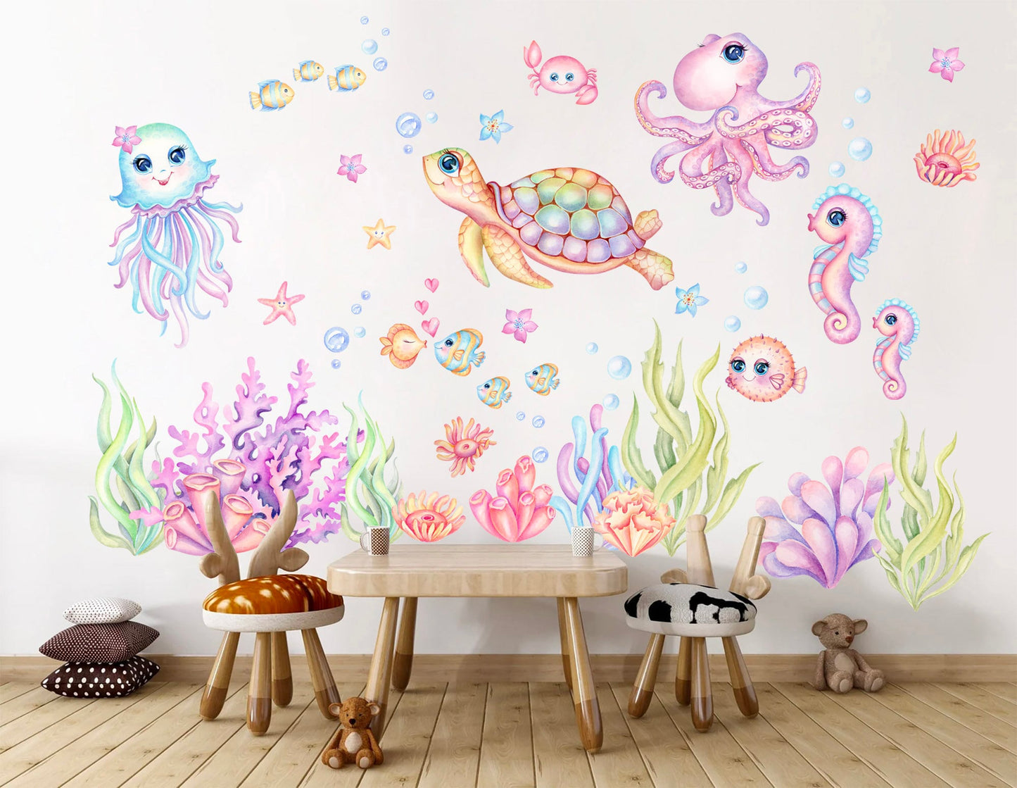 Pink and Blue Underwater World Cartoon Wall Decal - Happy Marine Life for Girls' Room - BR308