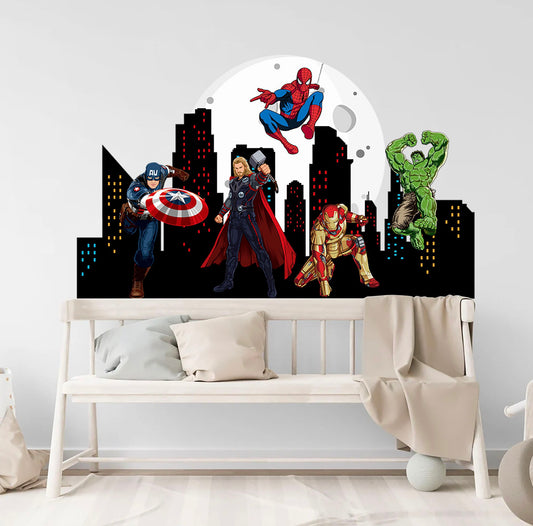 Marvel Heroes Epic Cityscape Wall Decal - Spiderman Iron Man Hulk - Boys Room Decoration - BR299