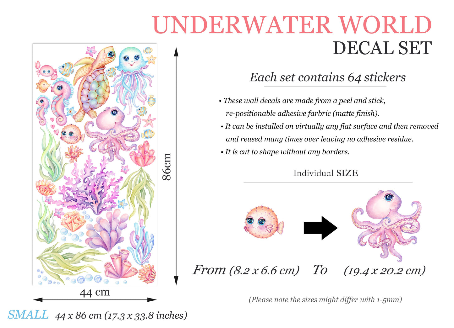 Pink and Blue Underwater World Cartoon Wall Decal - Happy Marine Life for Girls' Room - BR308